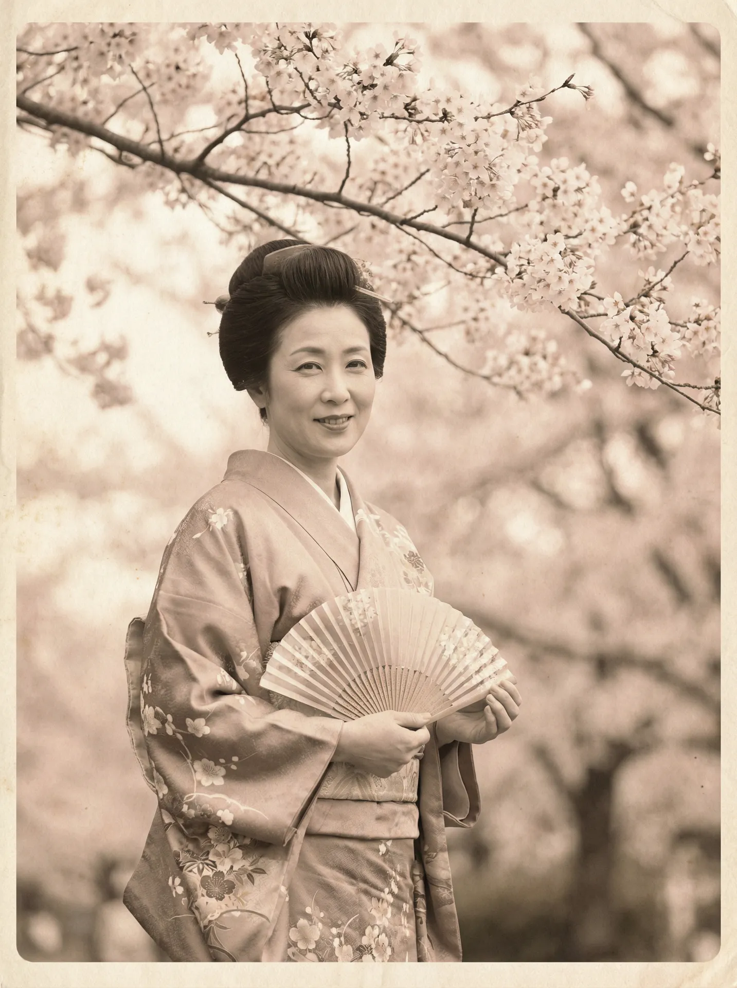 一位持扇的优雅 k体育注册送68平台官网 在樱花树下的复古写真